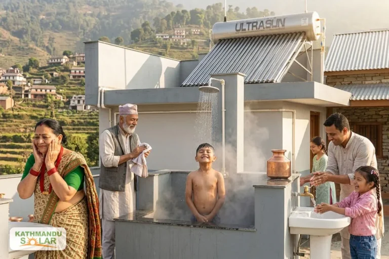 Best solar water heater for joint family in Nepal – large family enjoying hot water with solar water heater on rooftop