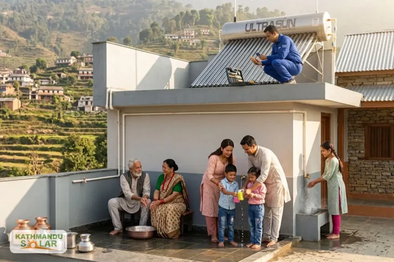 Common solar water heater problems in Nepal β technician inspecting and repairing rooftop solar water heater